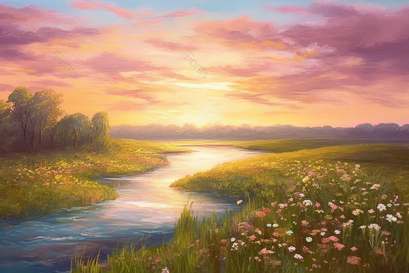春天花丛平原绿色草地河流黄昏日落唯美油画,插画/手绘图,插画/手绘图库,插画/手绘图下载,插画/手绘